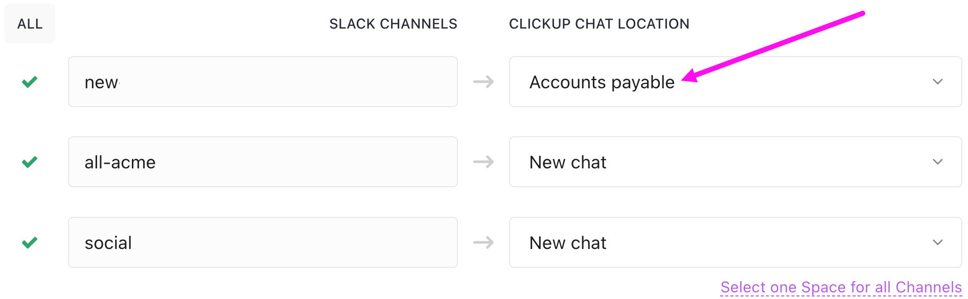 Screenshot of the Import Channels page highlighting the Slack Channel 'new' mapped to the ClickUp Chat Space 'Accounts payable'.