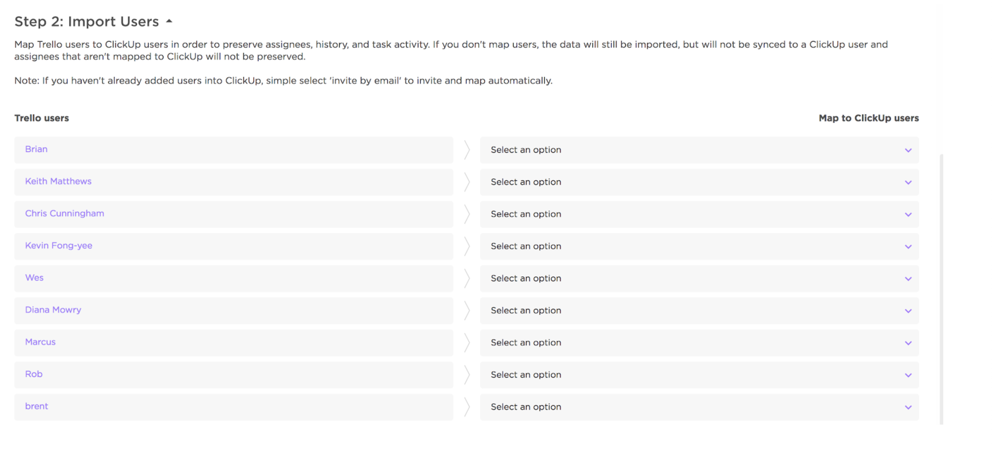 Screenshot der Optionen zum Importieren von Benutzern aus Trello.
