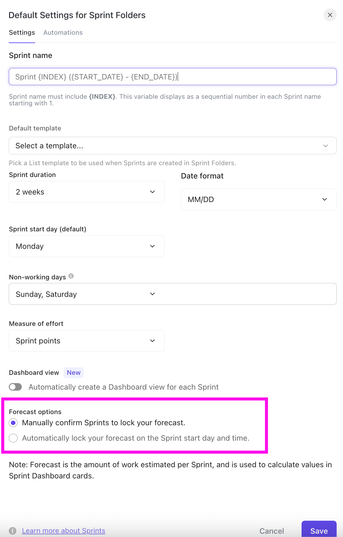 Screenshot des Standard-Sprint-Einstellungsmodals des Workspaces, der die Option zur Auswahl zwischen manueller und automatischer Prognose hervorhebt.