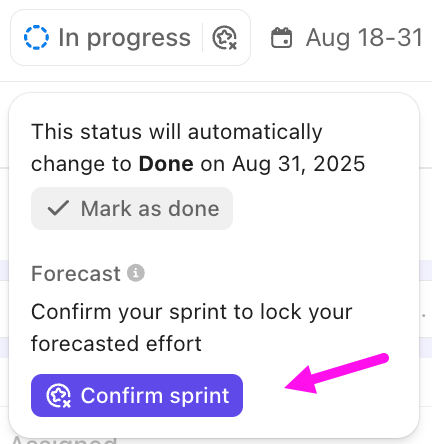 Screenshot dell'opzione per confermare uno sprint dall'intestazione della posizione dello sprint.