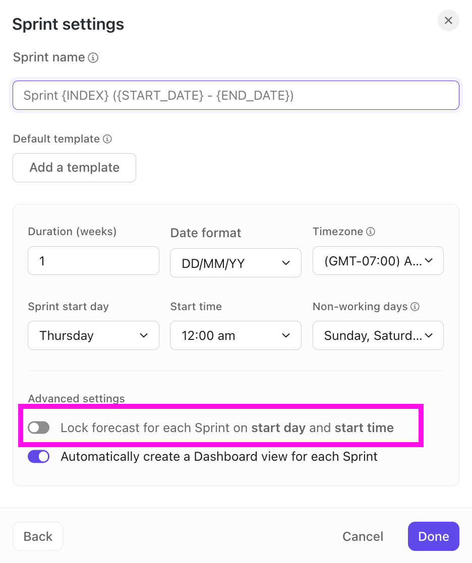 Capture d'écran du modal des paramètres de sprint, mettant en évidence l'option pour activer la prévision automatique.