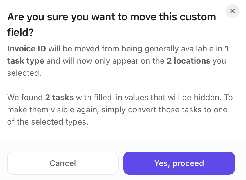 Screenshot of the warning displayed when converting a Custom Field.