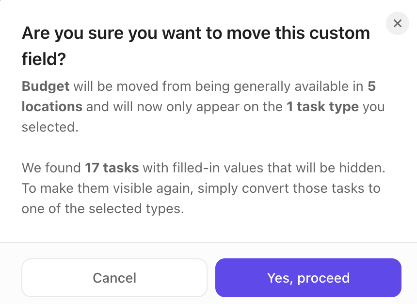 Screenshot of the warning displayed when converting a Custom Field.