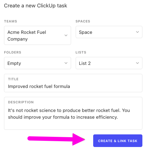 Capture d'écran montrant la création d'une nouvelle tâche ClickUp à partir d'un post Canny.png