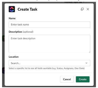 Capture d’écran d’une personne créant une tâche à partir de Slack.