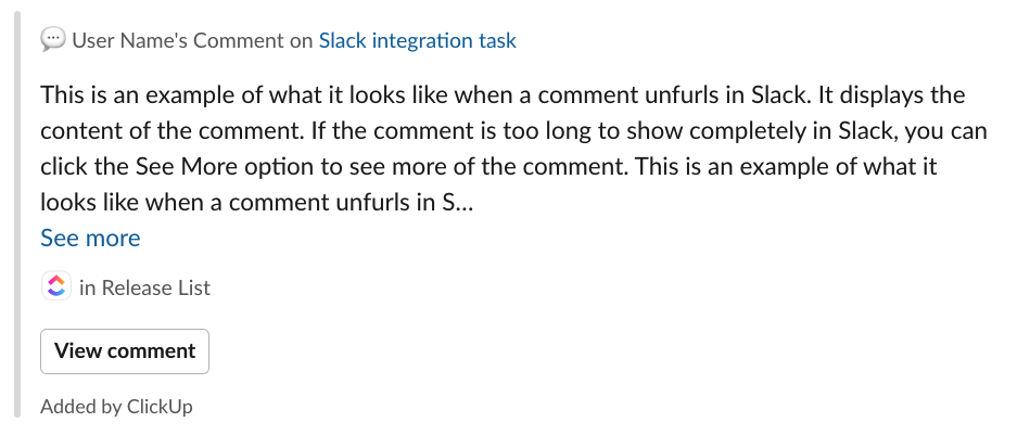 Captura de pantalla de un comentario desplegado de ClickUp en Slack.