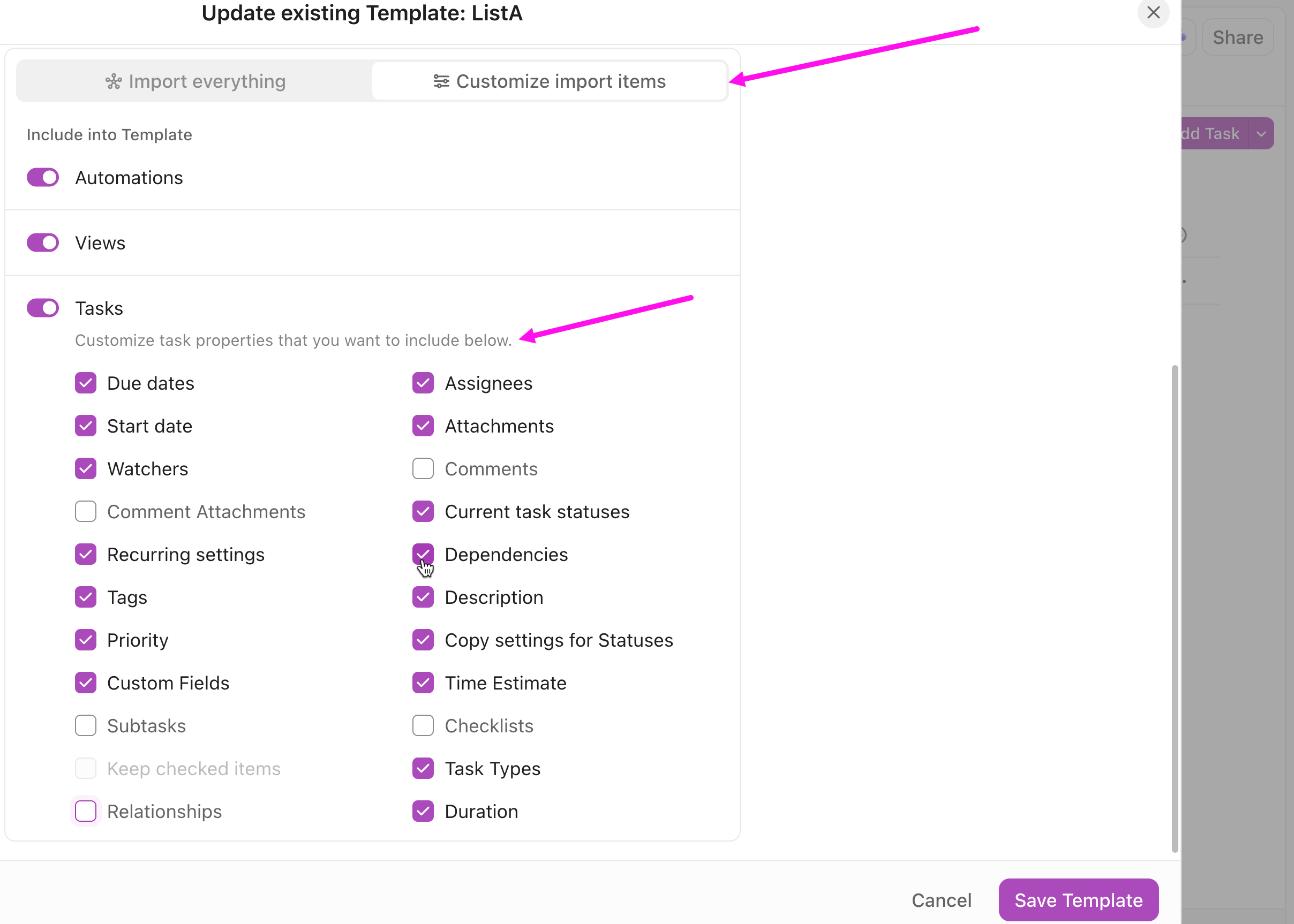 Captura de tela do modal Atualizar modelo existente destacando a personalização das propriedades da tarefa.png