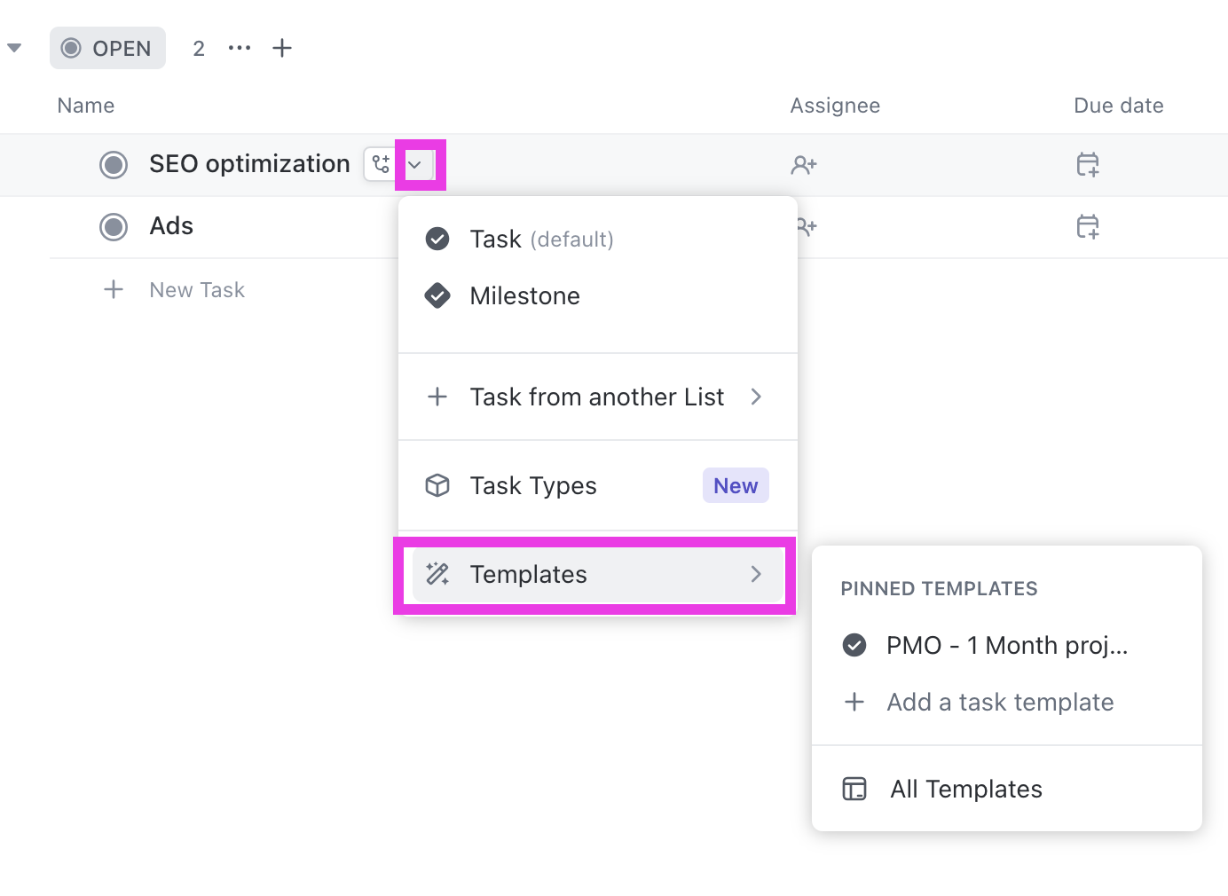 Screenshot di qualcuno che applica un modello fissato a un'attività secondaria che sta creando.