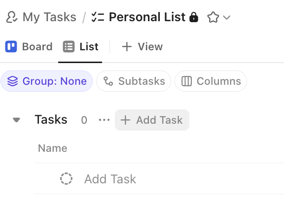 Screenshot of Personal List without any tasks.