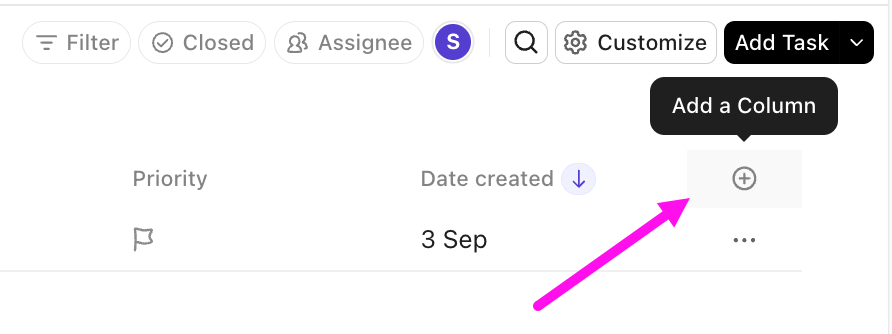 Screenshot of a Personal List, highlighting the option to add columns.