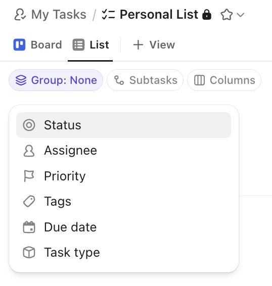 Screenshot of the grouping options for a Personal List.