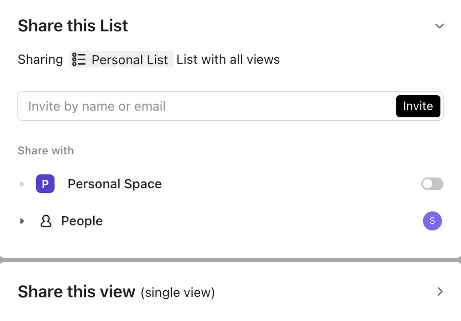 Screenshot of the sharing modal for a Personal List.