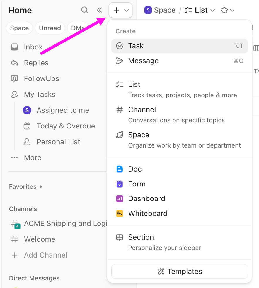 Screenshot of the create menu from the Home Sidebar.