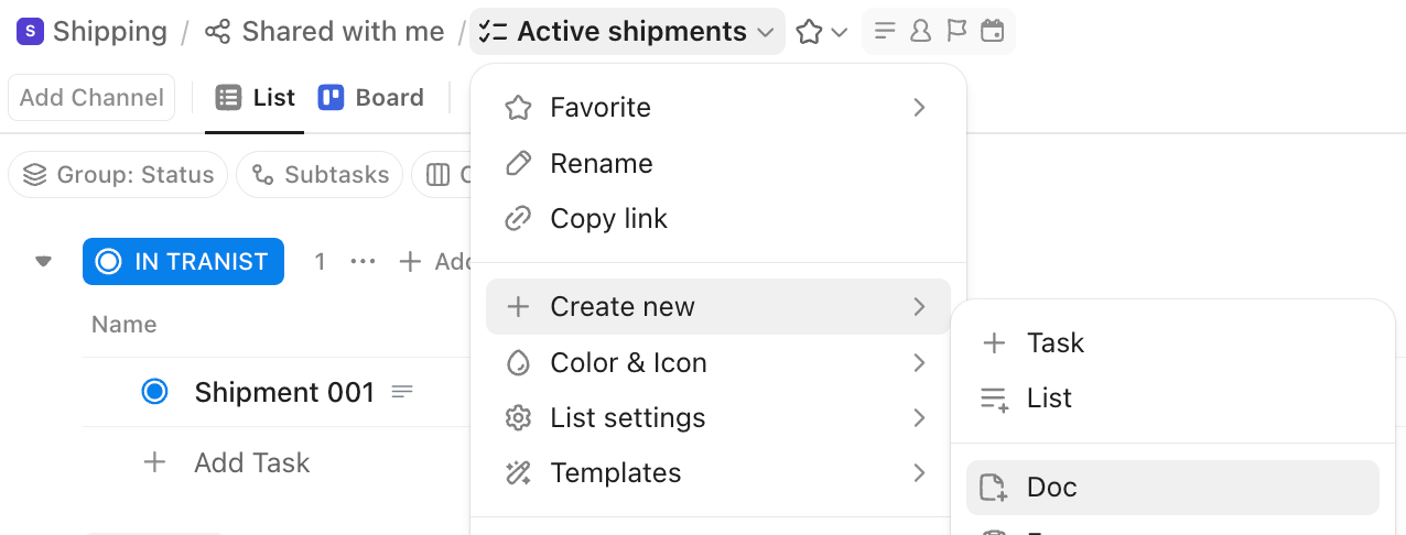 Screenshot of the option to create a Doc from the location header.