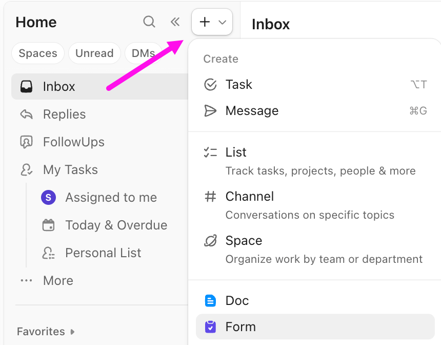 Screenshot of the create Form option from the Home Sidebar.
