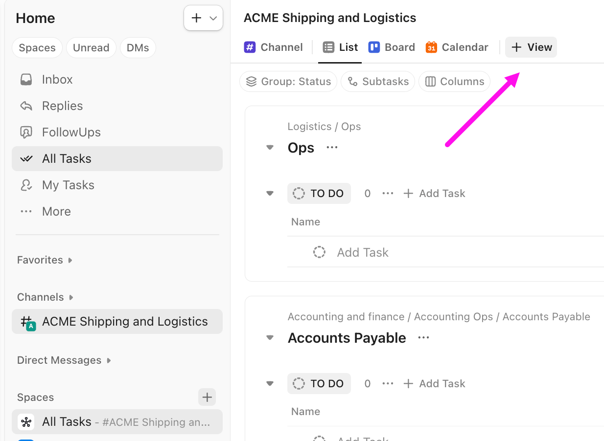 Screenshot of the option to add a view to All Tasks from the Home Sidebar.