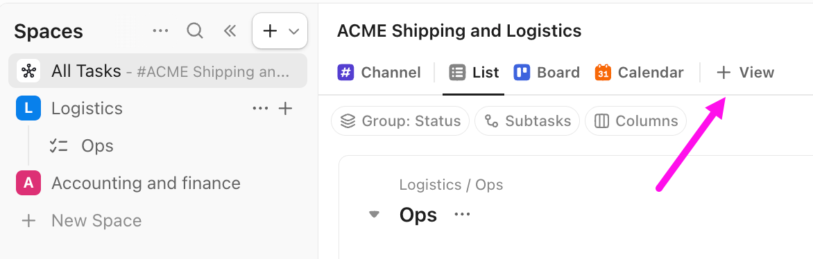 Screenshot of the option to add a view to All Tasks from the Spaces Sidebar.