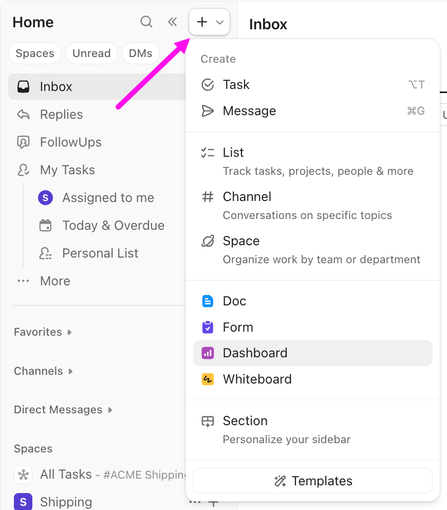 Screenshot der Option, ein Dashboard aus der Startseiten-Seitenleiste zu erstellen.