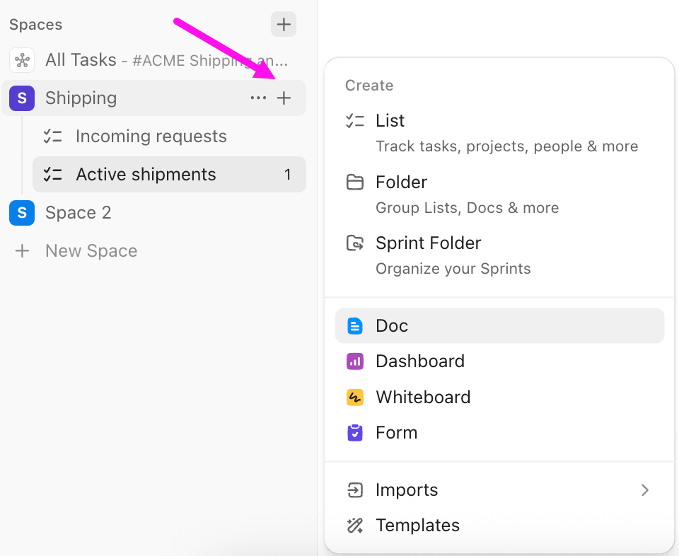 Screenshot der Option, ein Dokument in einem Space zu erstellen.