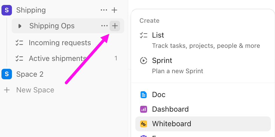Screenshot dell'opzione per creare una Lavagna online da uno Spazio, Cartella o Elenco.