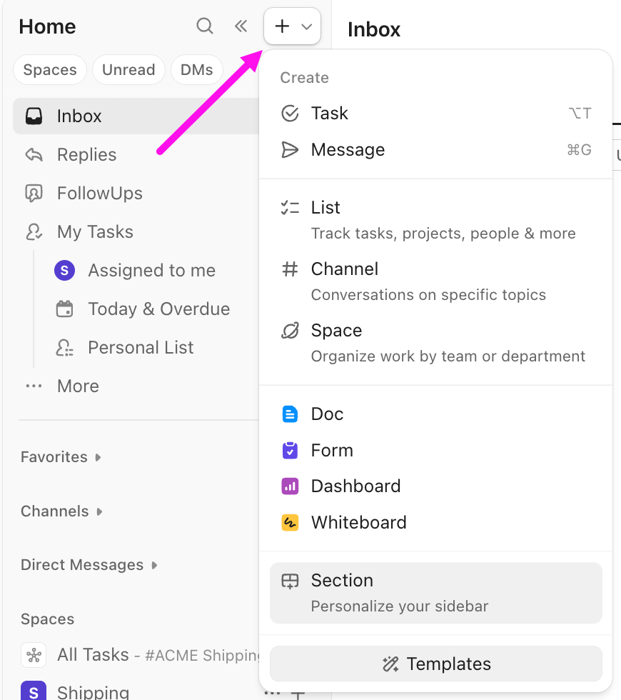 Capture d'écran de l'option pour accéder aux modèles depuis la barre latérale d'accueil.