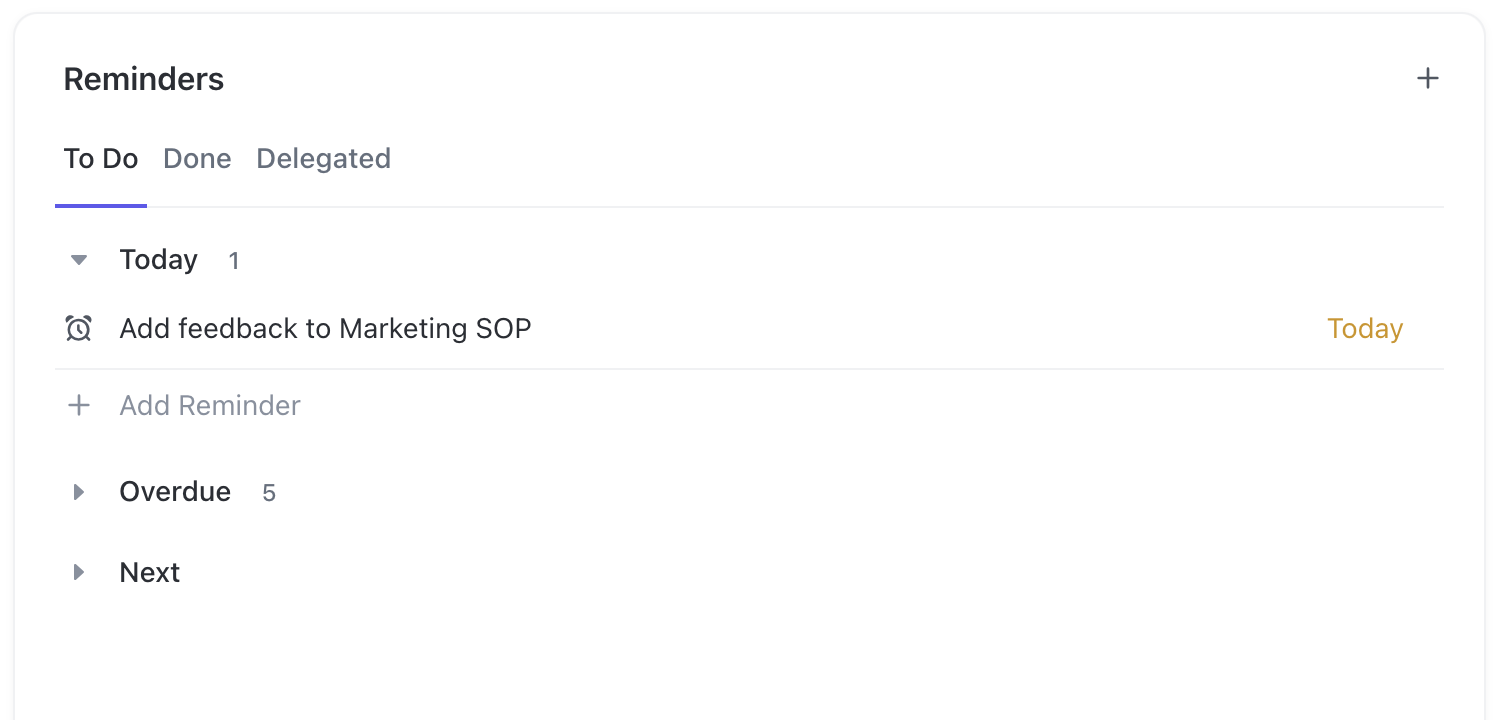 Captura de pantalla de la tarjeta de Recordatorios.