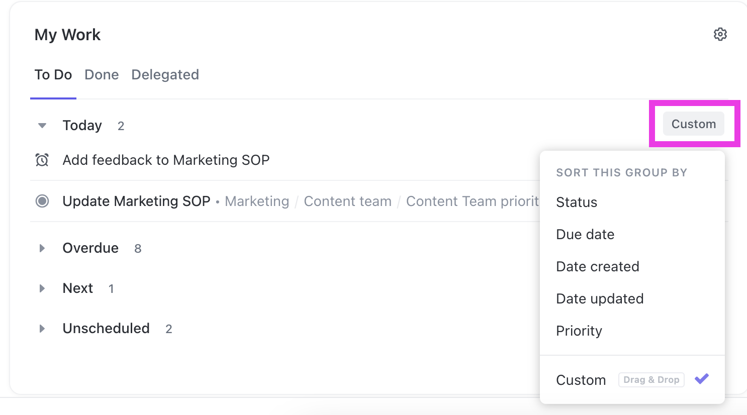 Captura de pantalla de las opciones de ordenamiento en Mi Trabajo.