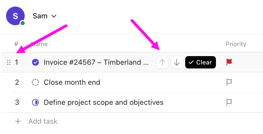 Screenshot of the options to reorder tasks in Personal Priorities.