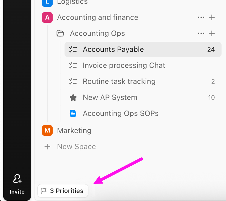 Screenshot of the Priorities tab in the lower-left corner.