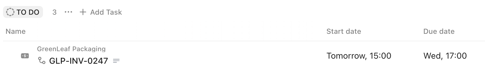 Screenshot of relative dates on a task.