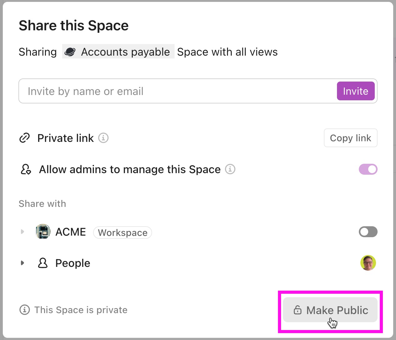 Capture d'écran d'un espace privé mettant en évidence le bouton Rendre public.jpg