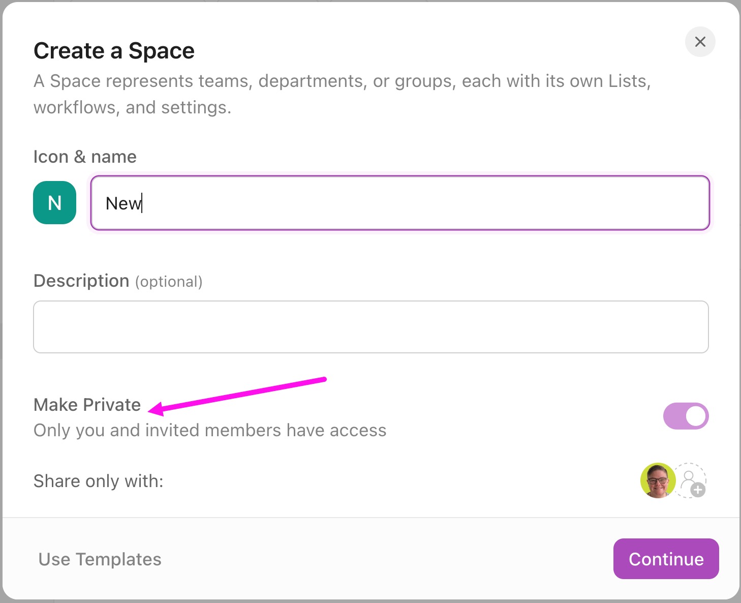 Screenshot della finestra modale Crea uno Spazio impostata su privato.jpg