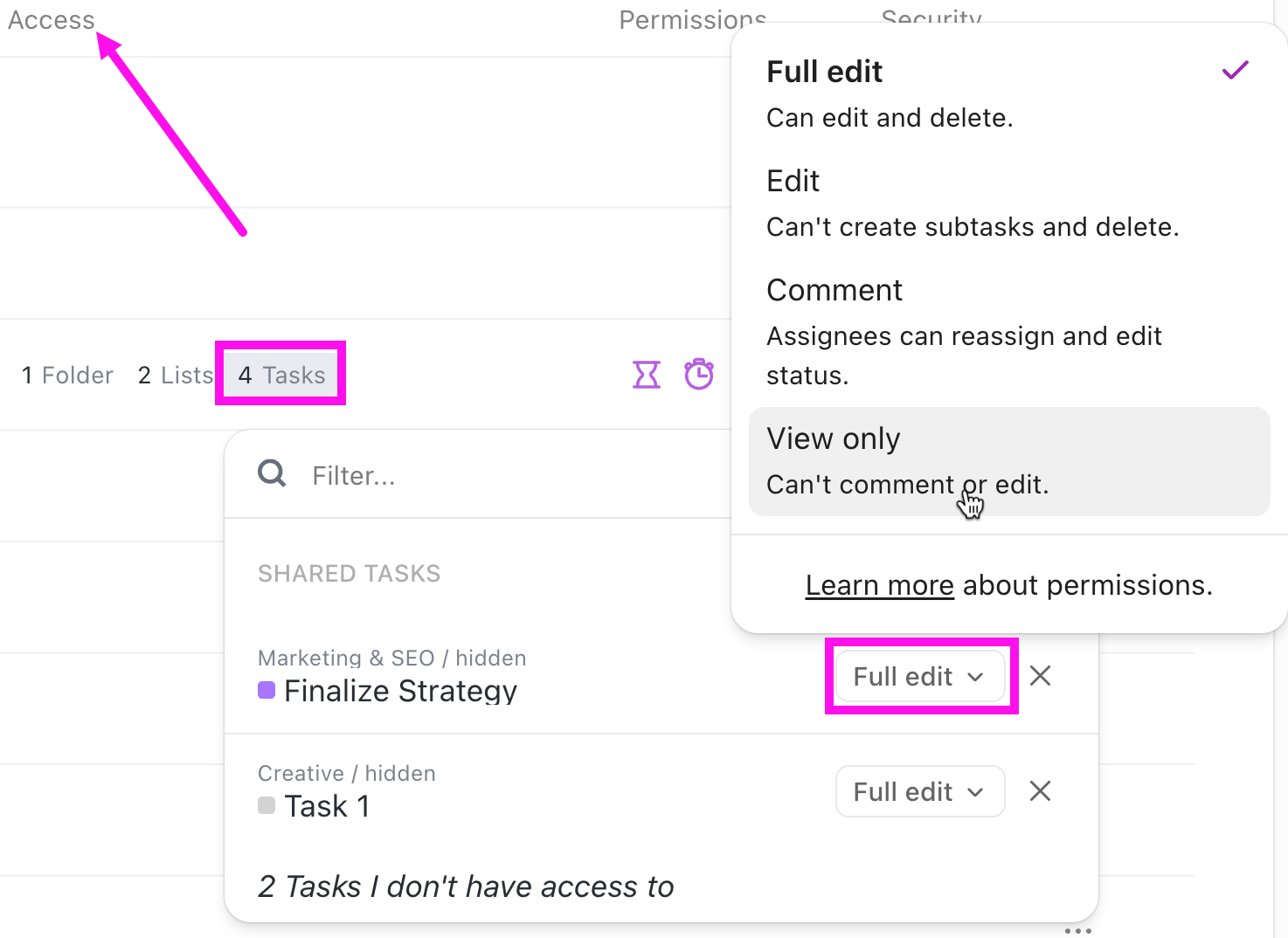Screenshot della colonna Accesso. Il pulsante 4 Attività è selezionato. Accanto a un'attività, il pulsante Modifica completa è selezionato. Nella finestra modale delle autorizzazioni, l'autorizzazione Sola visualizzazione è selezionata.png