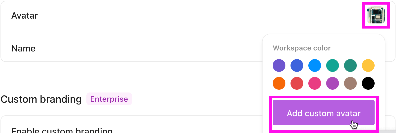 Captura de tela mostrando o usuário clicando no avatar atual do Espaço de trabalho e, em seguida, clicando em Adicionar avatar personalizado.