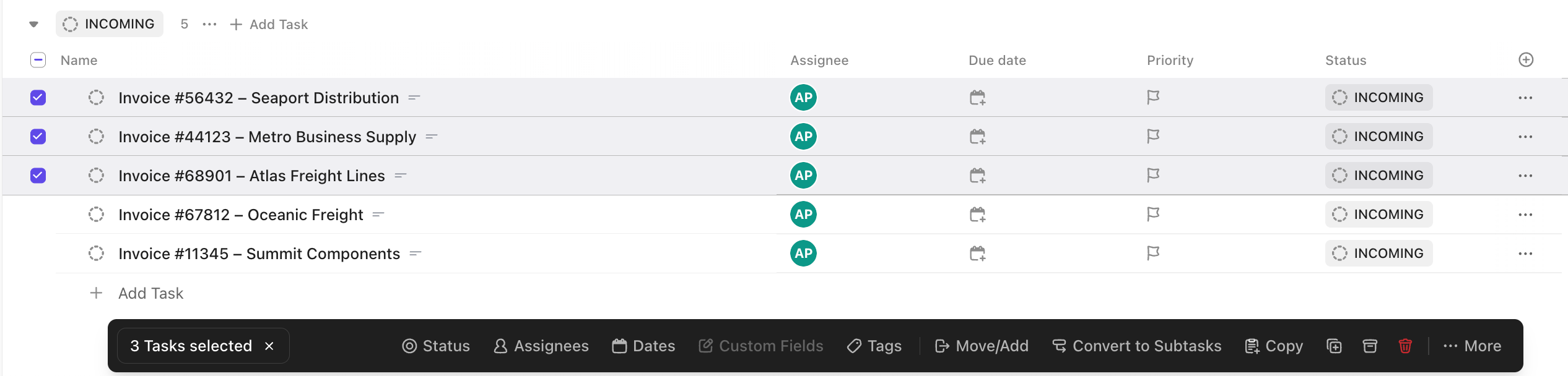 Captura de tela da barra de ferramentas de ação em massa na visualização de Lista.