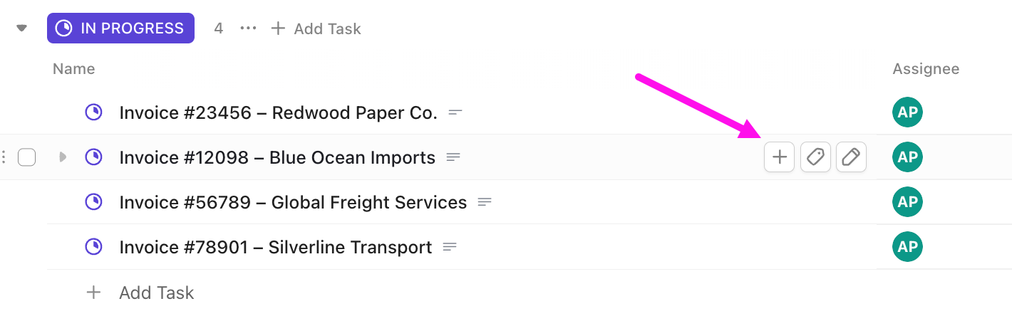 Captura de tela das opções para editar tarefas na visualização de Lista.