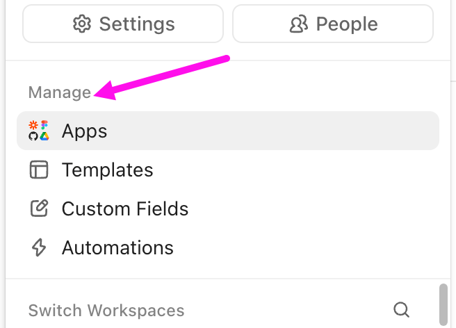 Captura de tela destacando a guia Settings and People (Configurações e pessoas) e a seção Manage (Gerenciar) abaixo das guias.