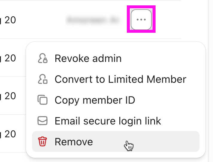 Screenshot der Seite „Personen verwalten“, der das Ellipsen-Menü ... und die Option „Entfernen“ hervorhebt.