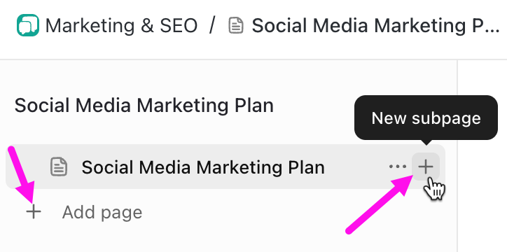 Screenshot des Einstellungsmenüs der Seite mit den Einstellungen zum Hinzufügen von Seiten und Unterseiten.