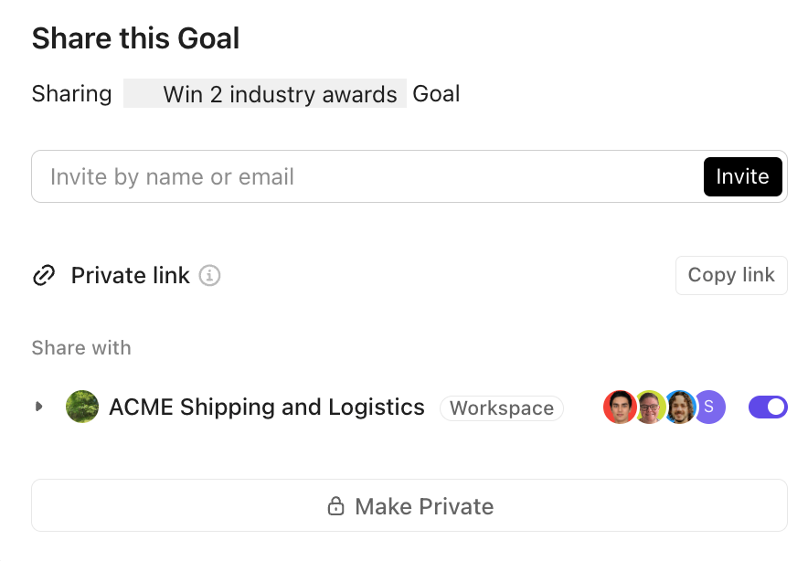 Screenshot of the share modal for a Goal.