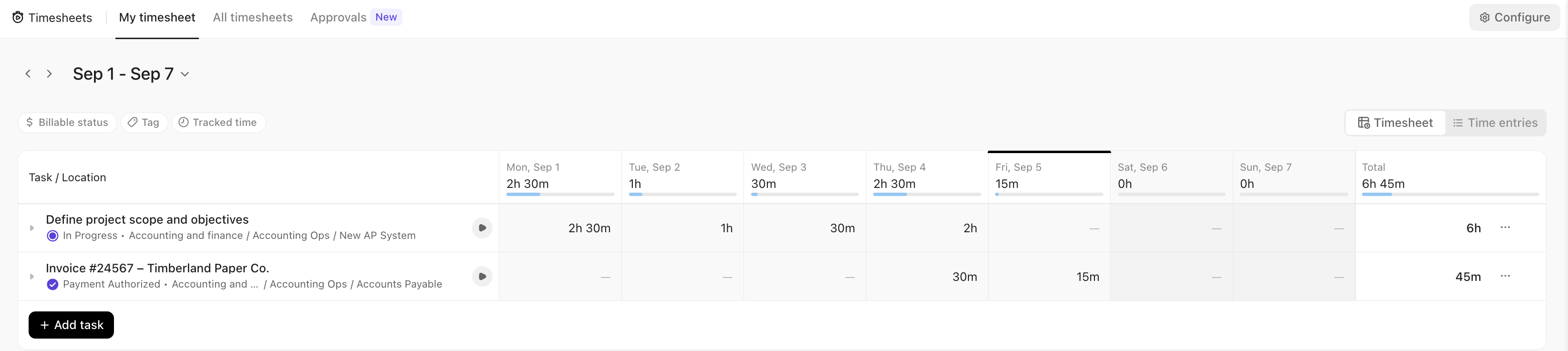 Screenshot of a timesheet.