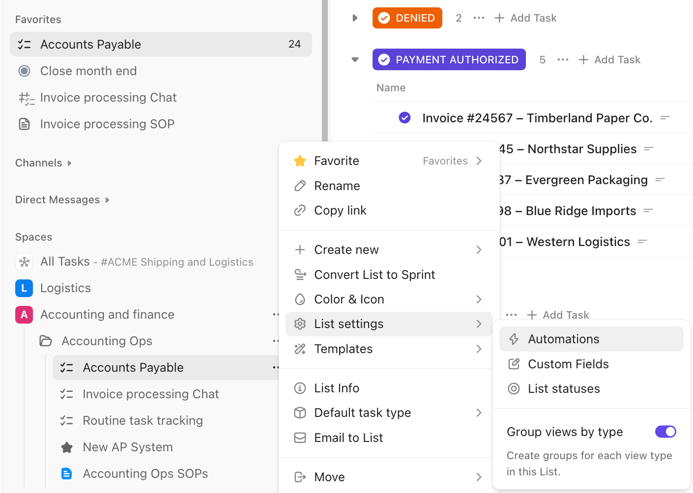 Screenshot of the List settings menu highlighting the Automations option.