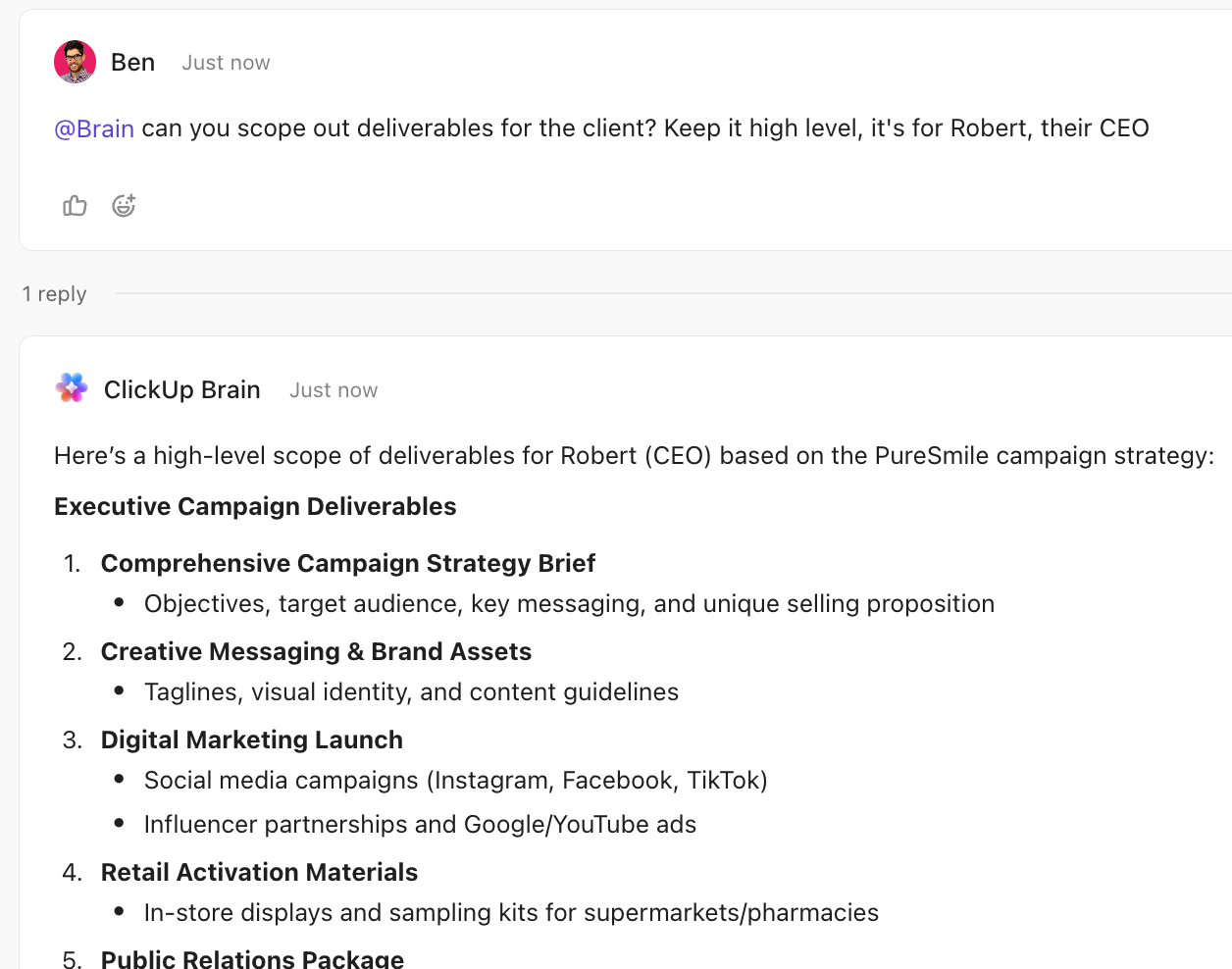 Screenshot of Brain's response in a task comment thread.