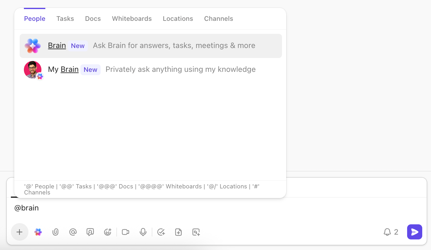 Screenshot of the options to mention Brain in a task comment.