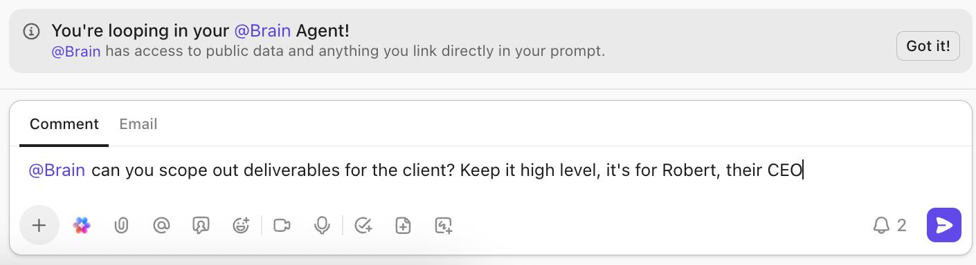 Screenshot of a draft task comment for Brain, highlighting the warning about sharing private content.