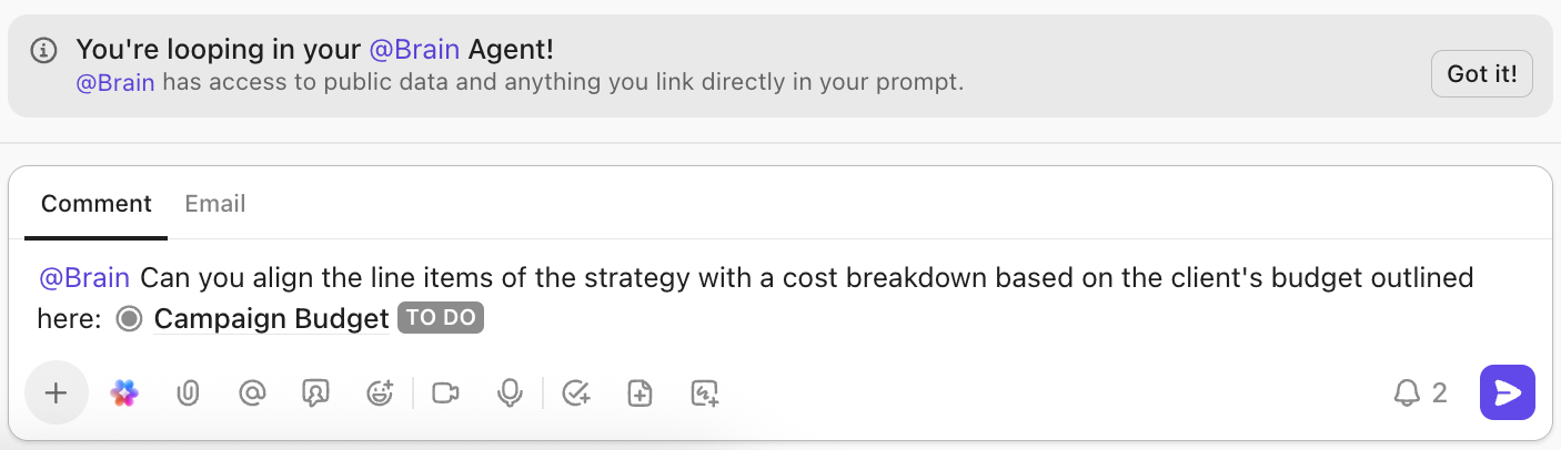 Screenshot of a Brain prompt with a private task.