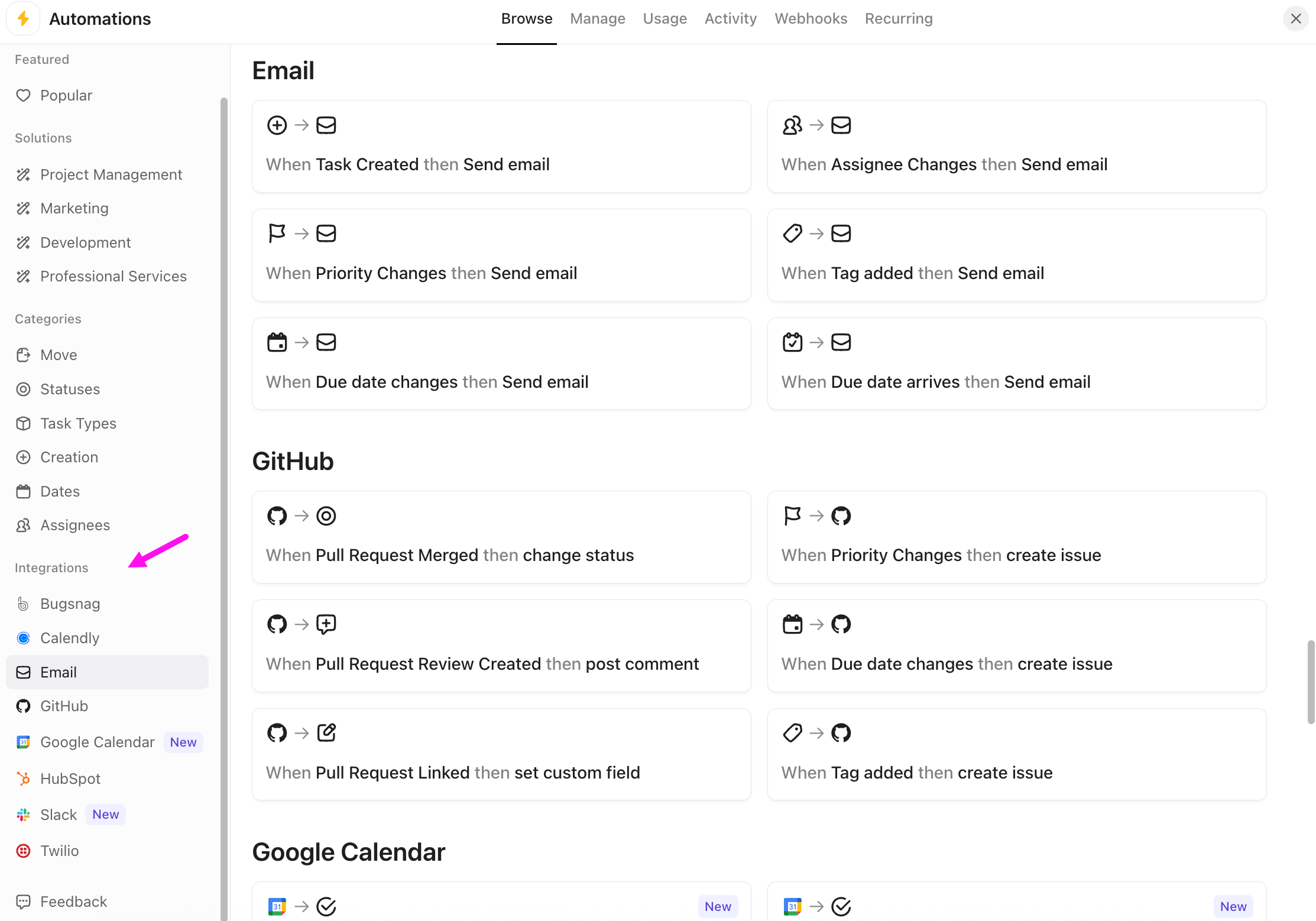 Screenshot der in Automatisierungen verfügbaren Integrationen.