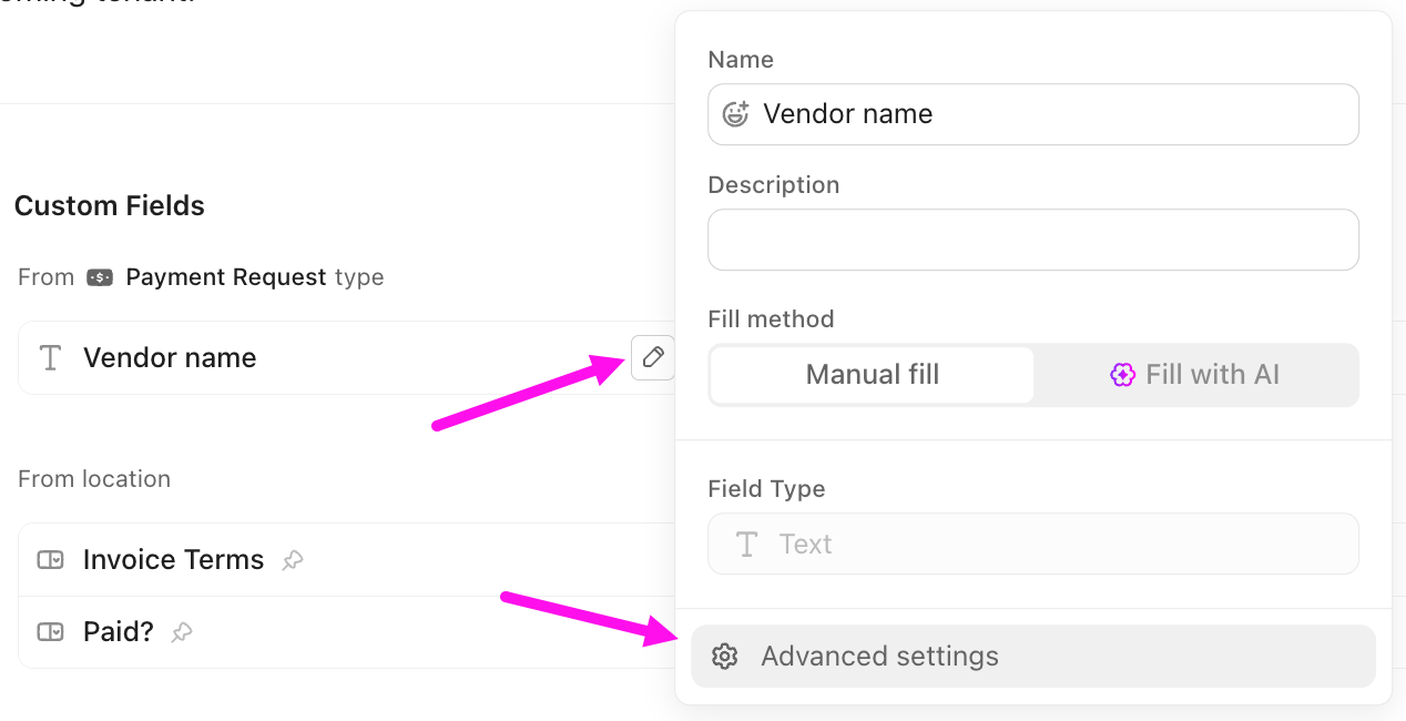 Screenshot of the option to edit a Custom Field's advanced settings.