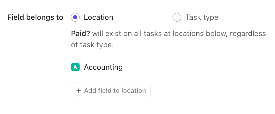 Screenshot of the option to set a Custom Field to a location Custom Field.