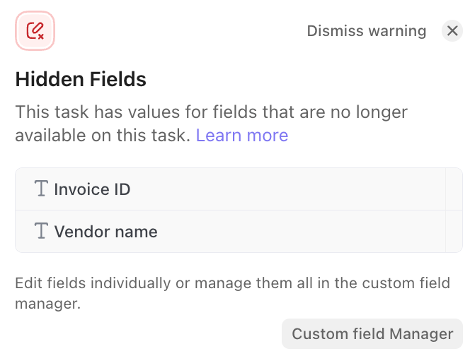 Screenshot of hidden fields on a task.